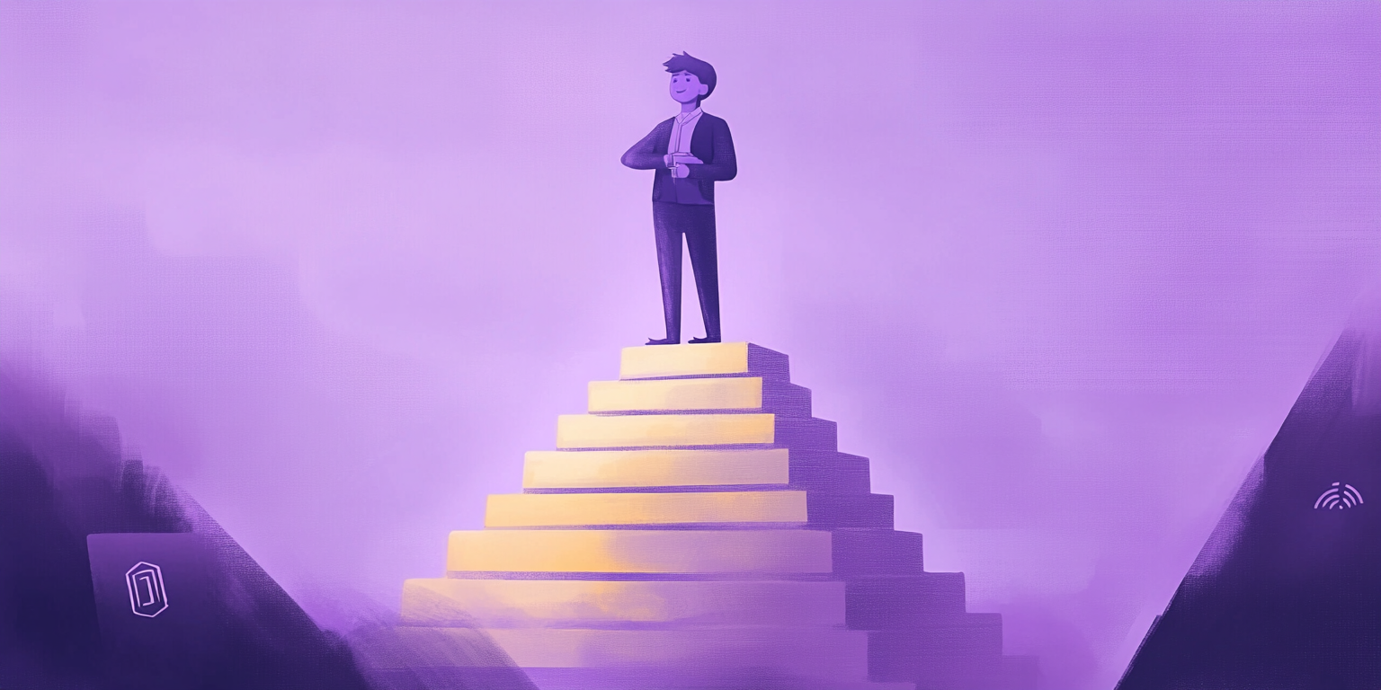 Illustration of person on top of a pyramid (Midjourney, 2025).