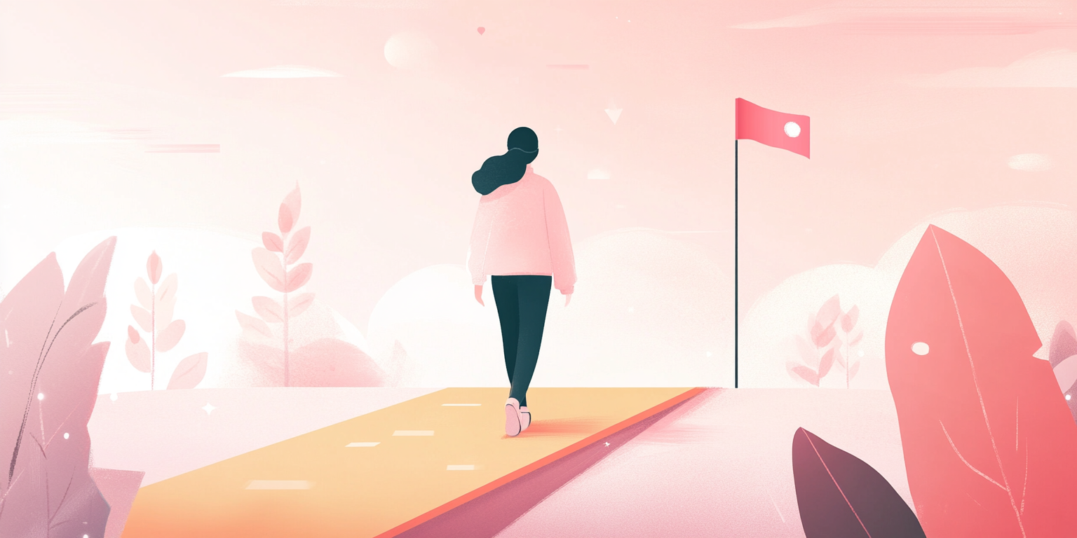 Illustration of a person walking on a golden path towards a finish line flag (Midjourney, 2025).