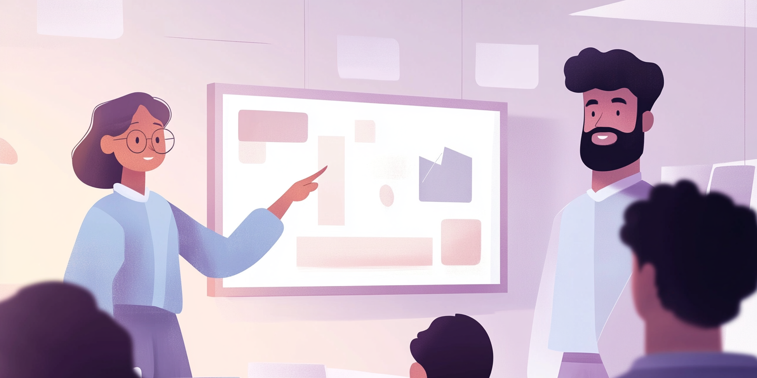 Illustration of two people lecturing to a group of students while pointing at a screen (Midjourney, 2025).