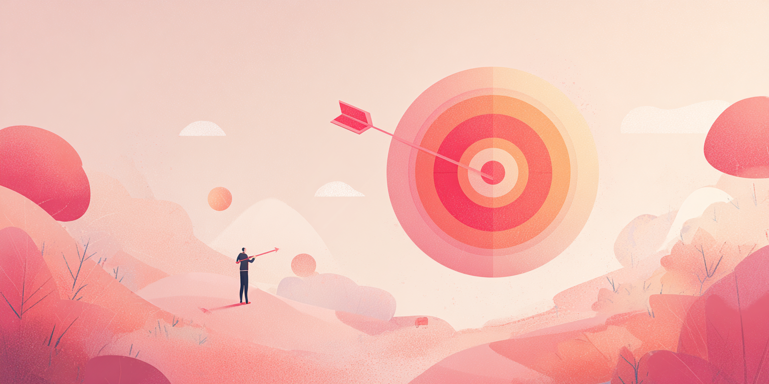 Illustration of man shooting a dark into a giant bullseye in the sky (Midjourney, 2025).