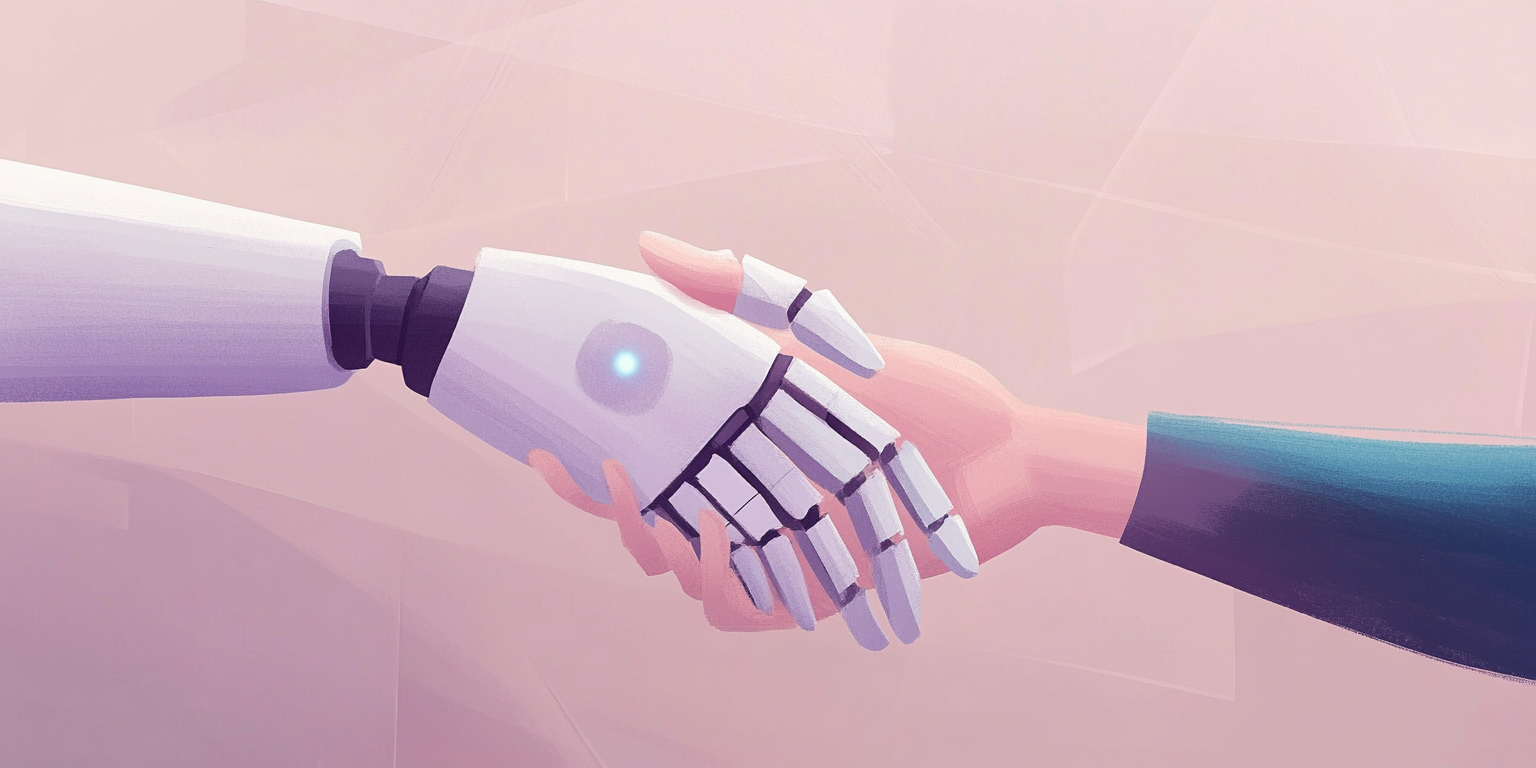 Illustration of a human hand shaking a robot hand (Midjourney, 2025).