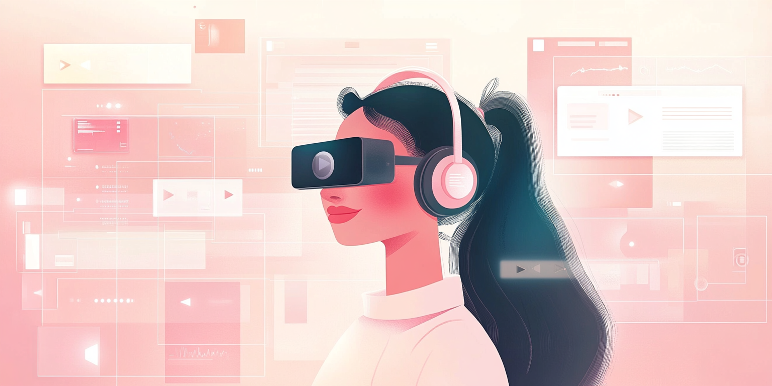 Illustration of a person with headphones and VR goggles on (Midjourney, 2025).