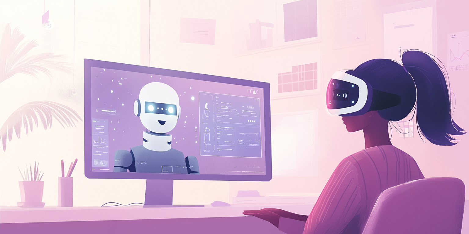 Illustration of person with VR glasses looking at a computer with a chat bot on the screen (Midjourney, 2025).