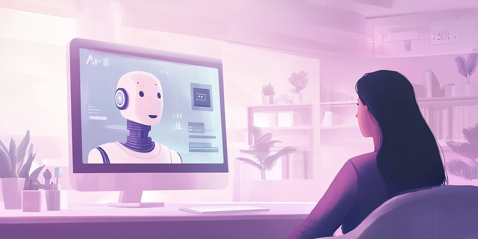 Illustration of person sitting in front of computer with a chat bot on screen (Midjourney, 2025).