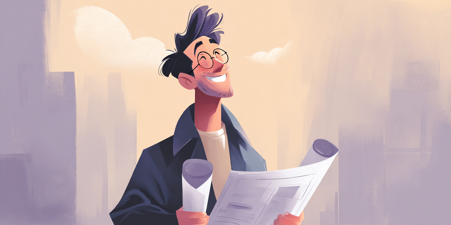 Illustration of smiling person holding blueprints (Midjourney, 2025).