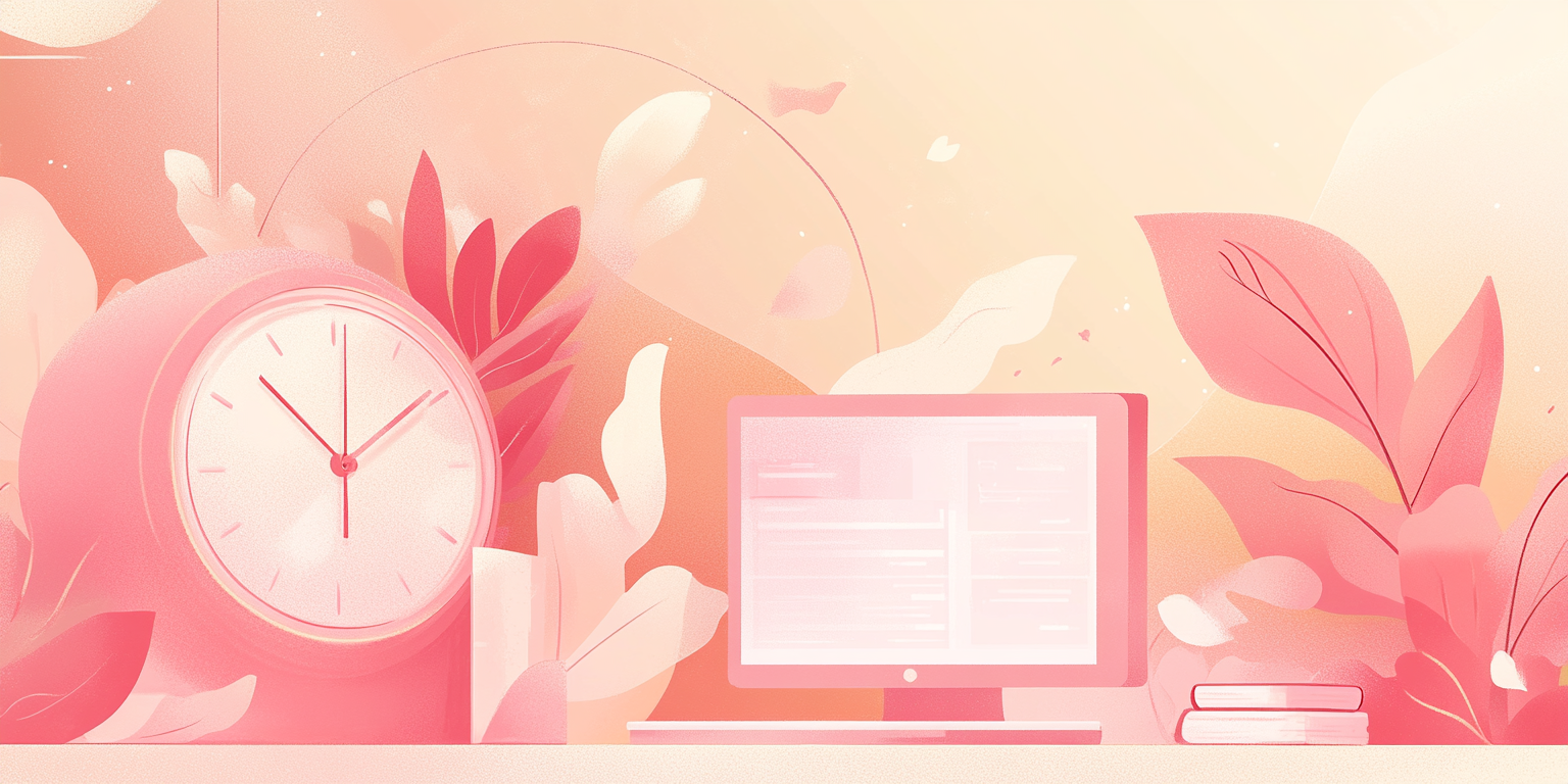Illustration of a workspace with computer, books, and large clock (Midjourney, 2025).