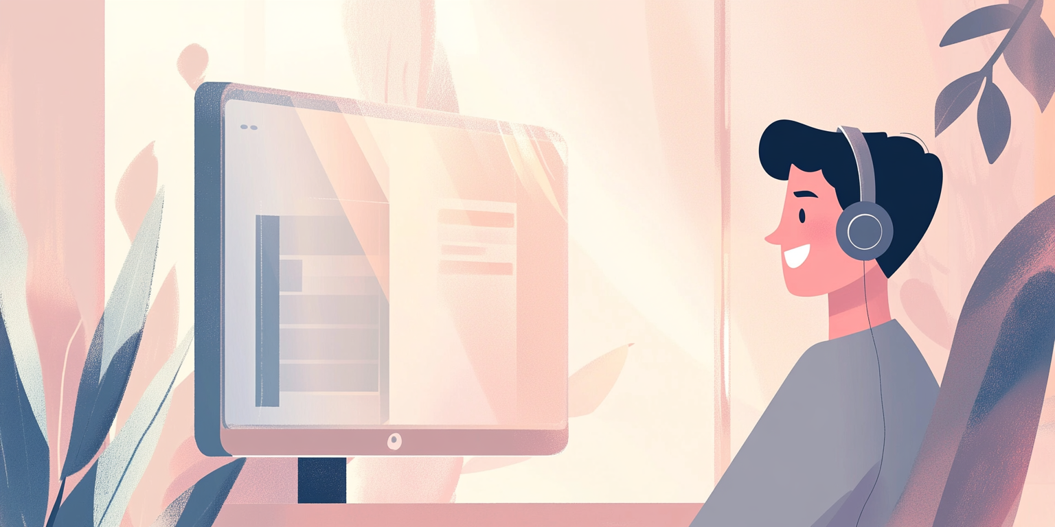 Illustration of person with headphones on sitting in front of a computer screen (Midjourney, 2025).