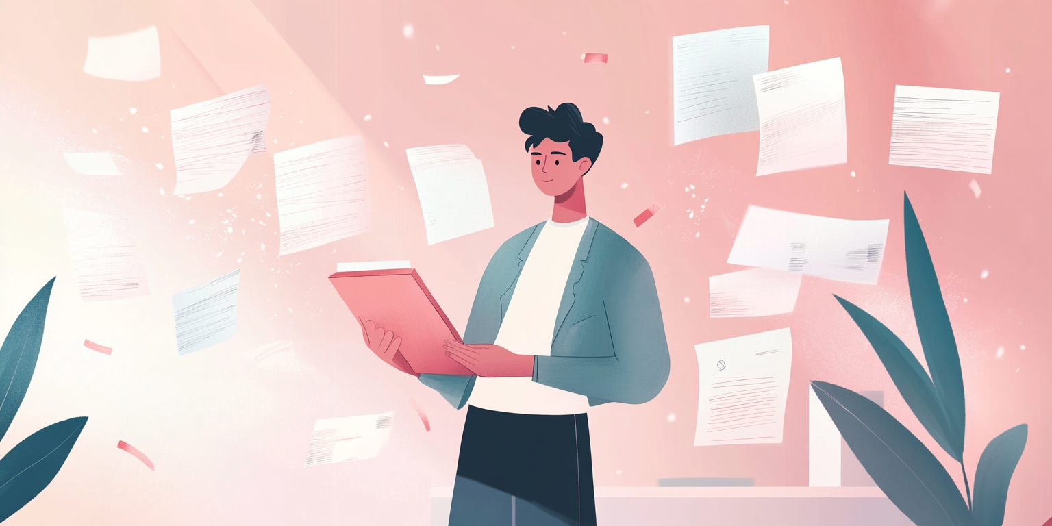 Illustration of a person reading notes as documents float around them (Midjourney, 2025).