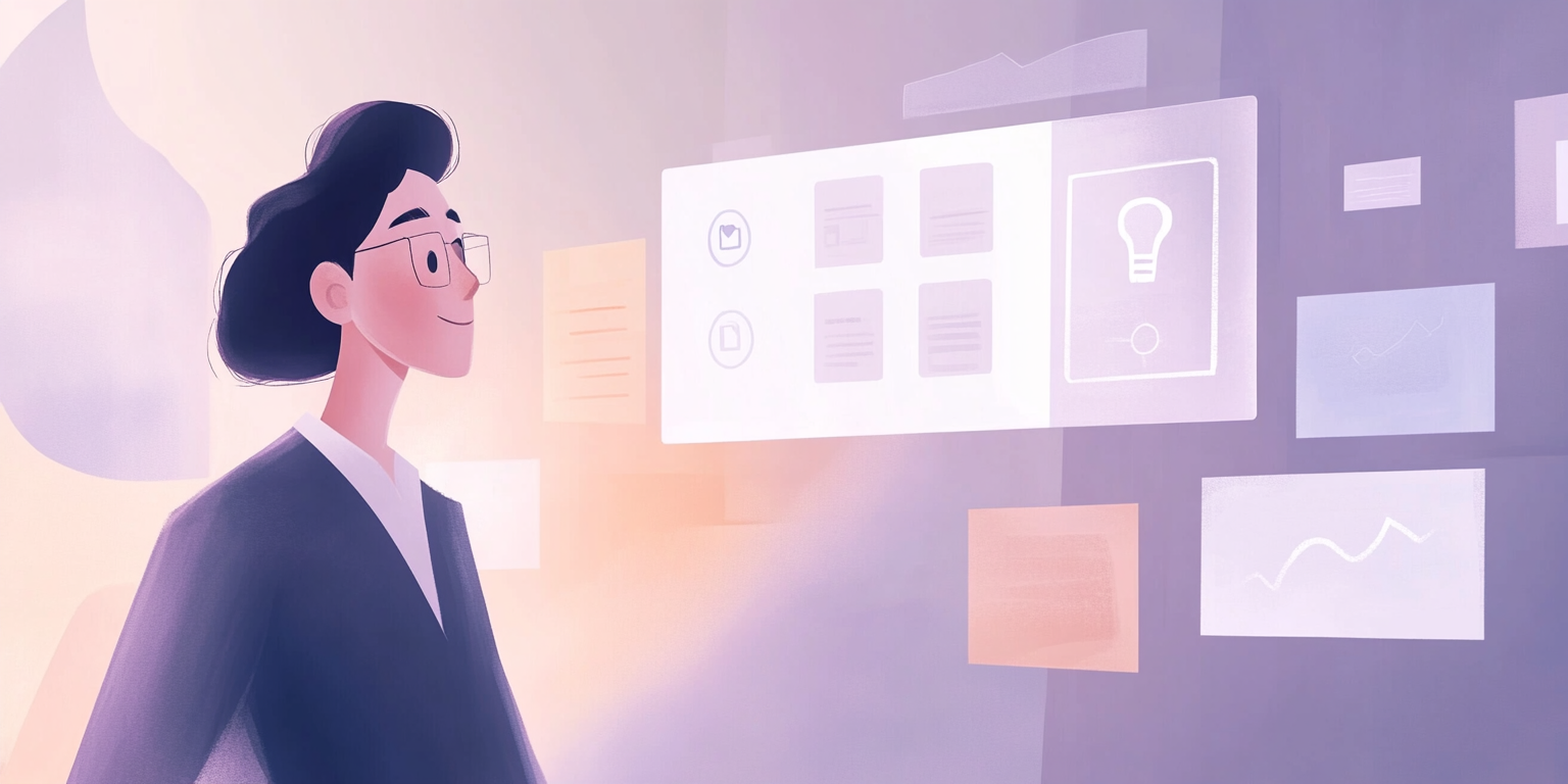 Illustration of a designer reviewing screens floating in front of them (Midjourney, 2025).