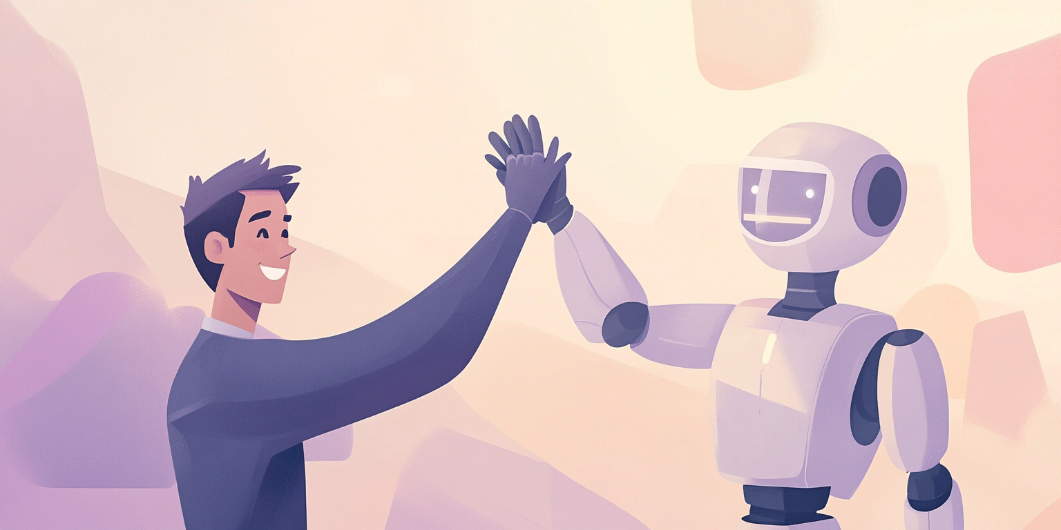 Illustration of a smiling human and humanoid robot sharing a high-five (Midjourney, 2025).