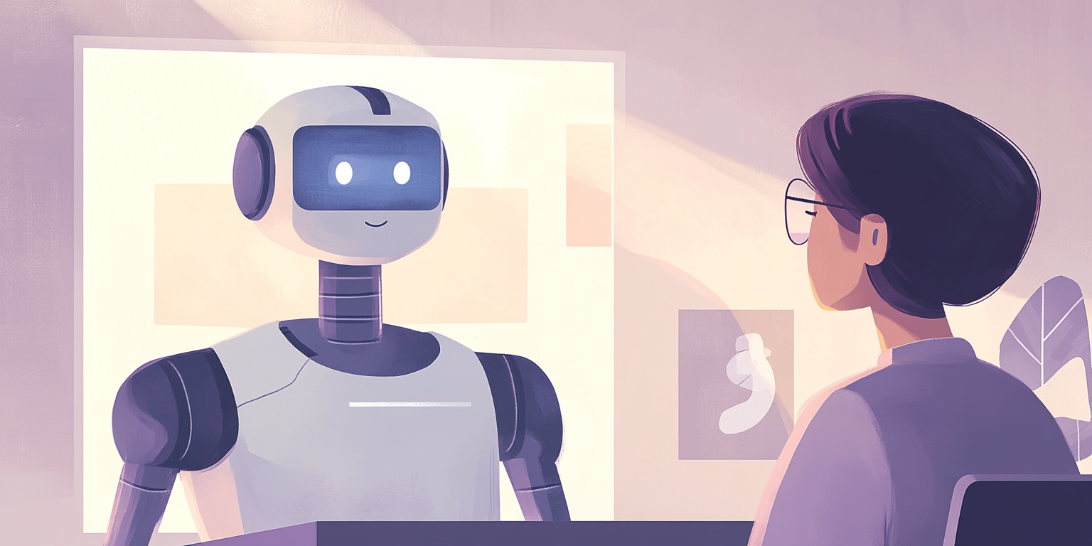 Illustration of a person facing their computer with a humanoid robot on screen (Midjourney, 2025).
