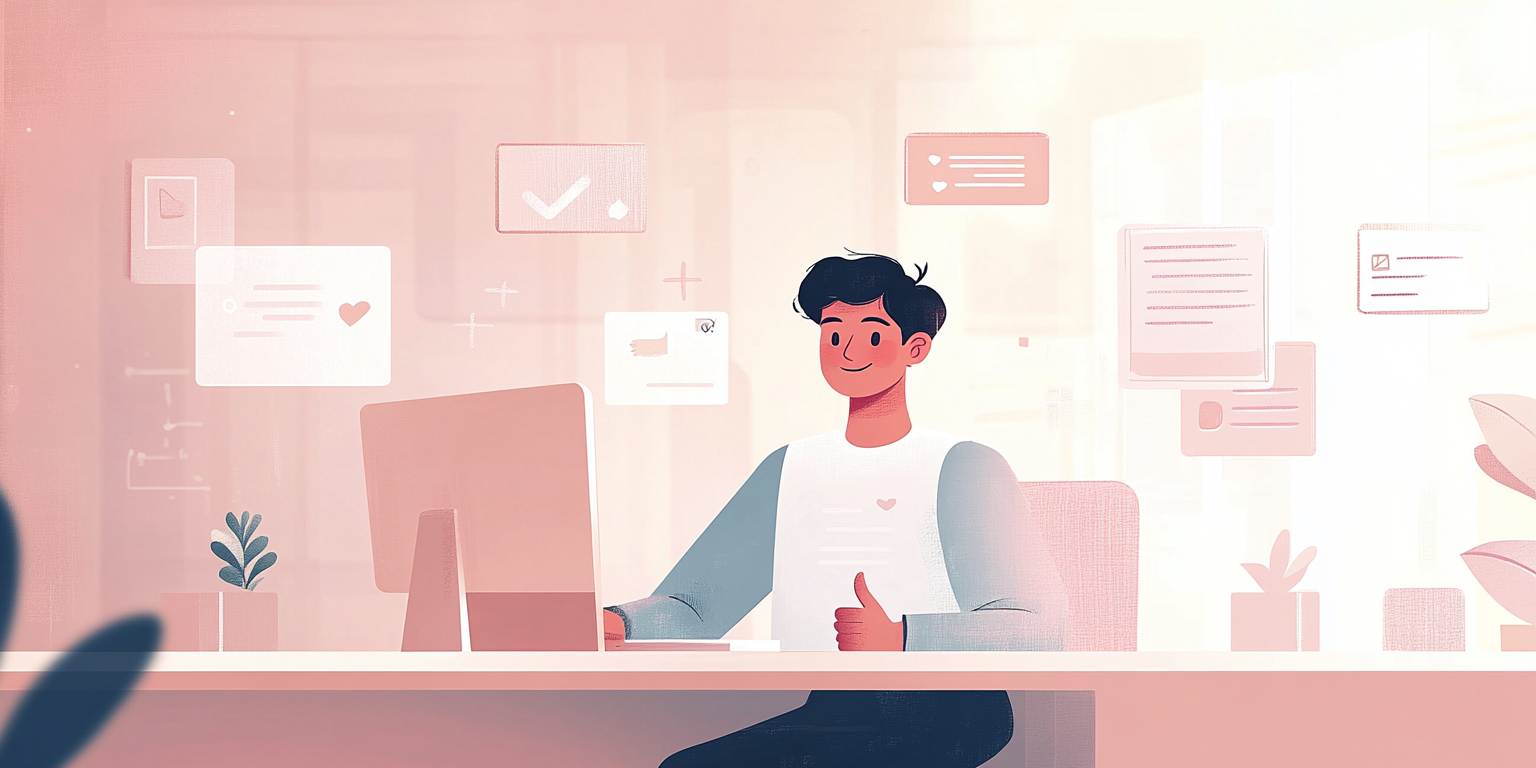 Illustration of a person at a computer desk giving a thumbs up (Midjourney, 2025).
