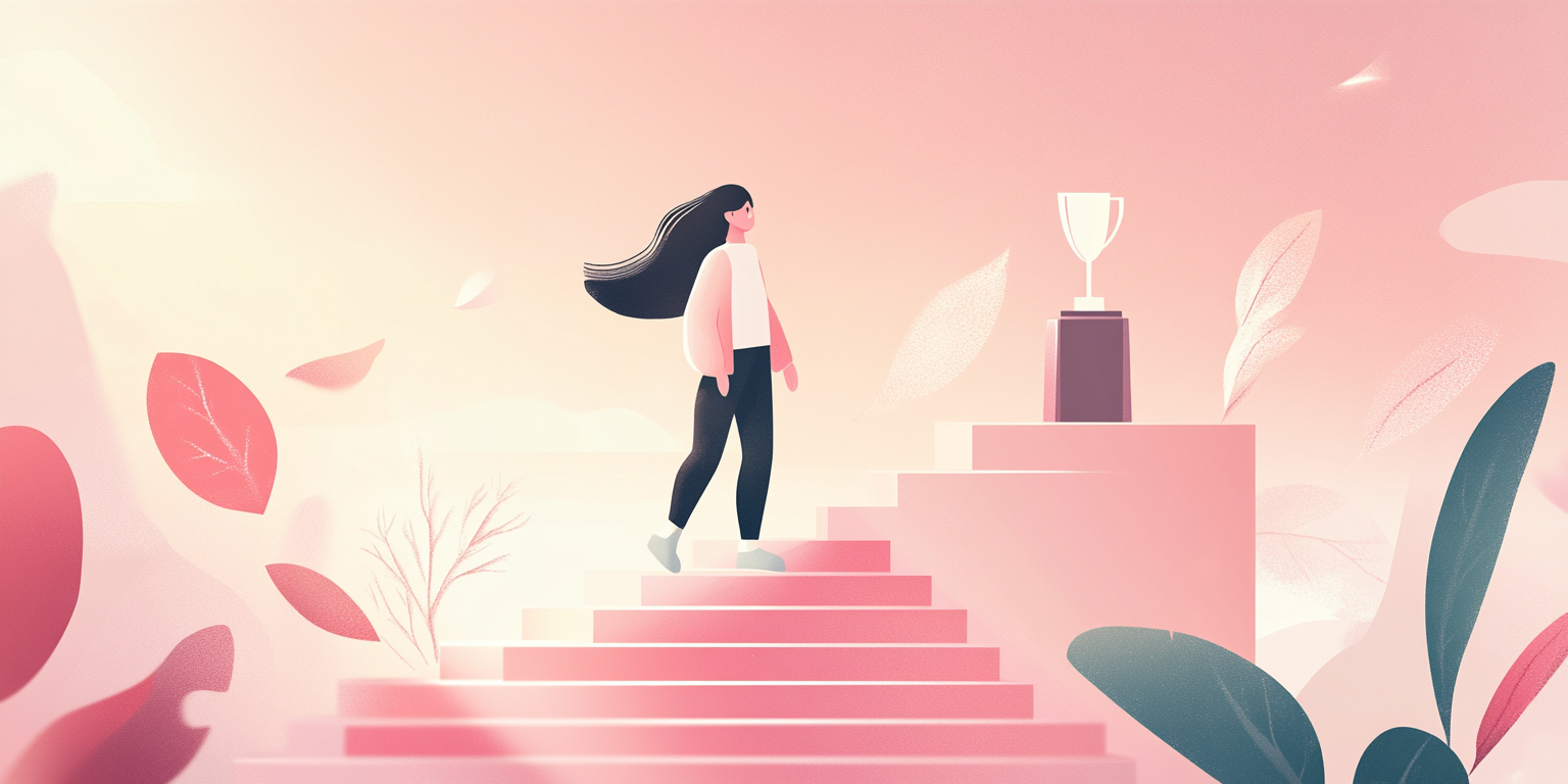 Illustration of a person climbing steps toward a trophy (Midjourney, 2025).