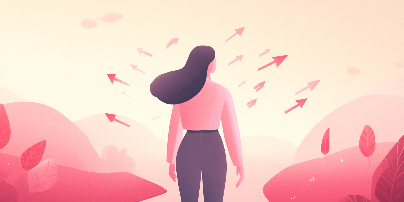 Illustration of a person looking ahead as directional arrows fill the sky (Midjourney, 2025).