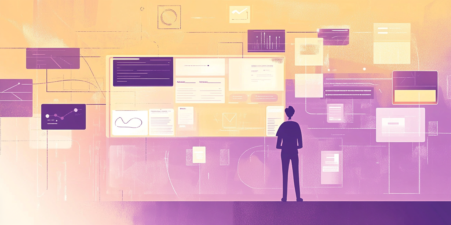 Illustration of person looking up at multiple digital interfaces (Midjourney, 2024).