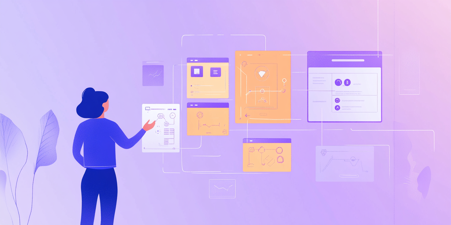 Illustration of person looking up at multiple digital interfaces (Midjourney, 2024).