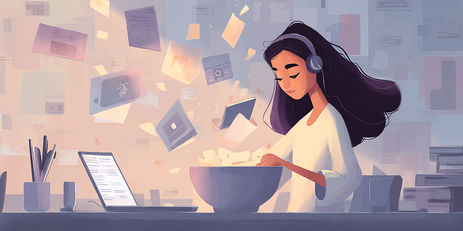 Illustration of person mixing instructional content and media into a bowl (Midjourney, 2025).