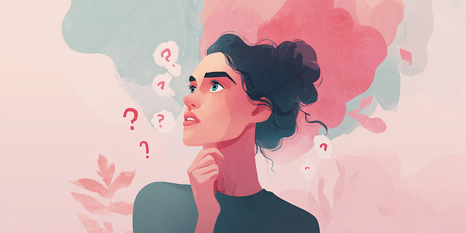 Illustration of person staring upwards with question marks surrounding them (Midjourney, 2025).