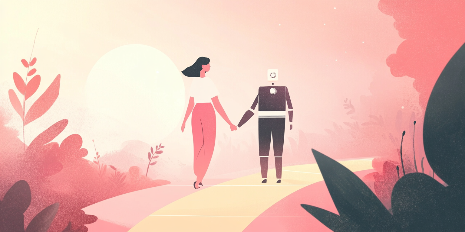 Illustration of a person and humanoid robot holding hands, with a bullseye in the sky (Midjourney, 2025)
