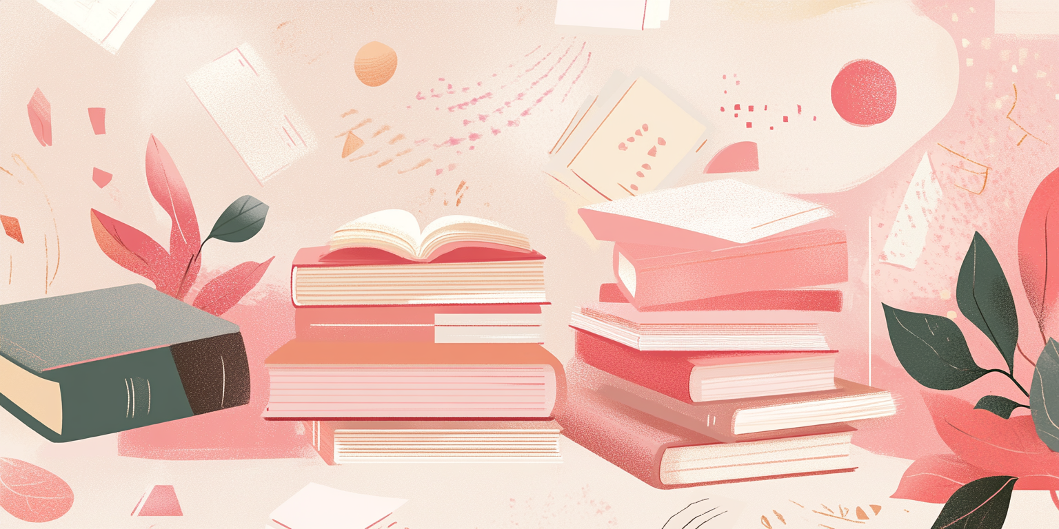 Illustration of piles of books stacked on a desk (Midjourney, 2024).