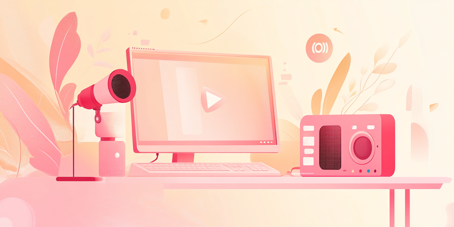 Illustration of a workspace with a laptop, microphone, and media device (Midjourney, 2024).
