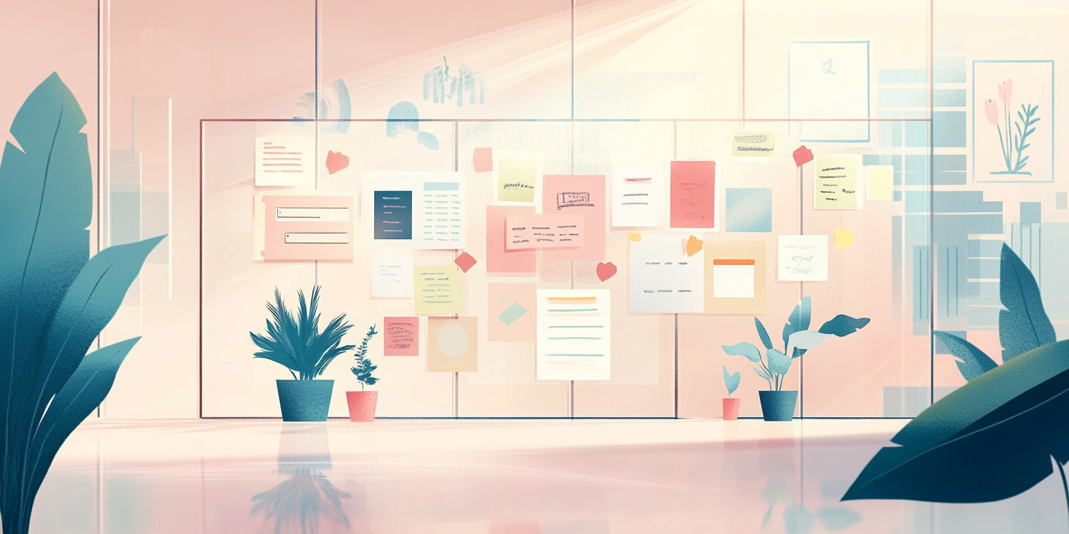 Illustration of an office glass wall covered in colorful notes and documents (Midjourney, 2025).