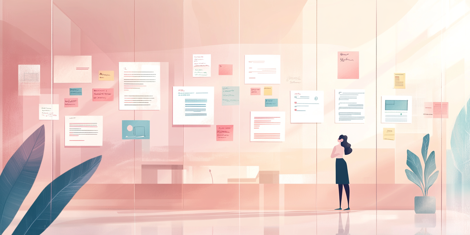 Person standing in office reviewing floating course screens (Midjourney, 2024).