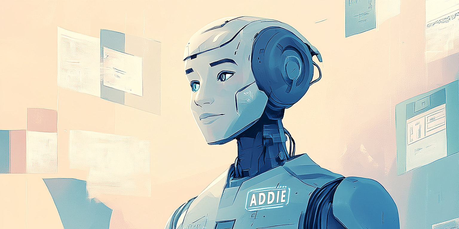 Illustration of a humanoid robot with the acronym ADDIE on its chest (Midjourney, 2025).