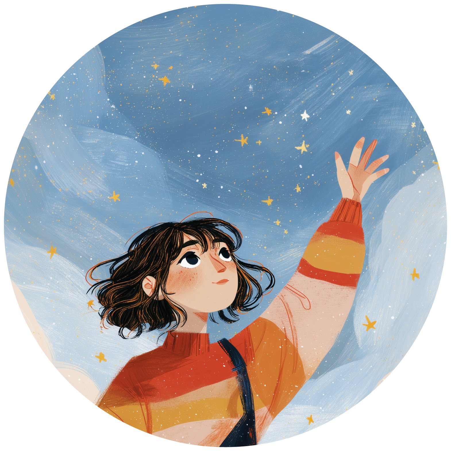 Illustration of woman reaching up for a star in the sky.