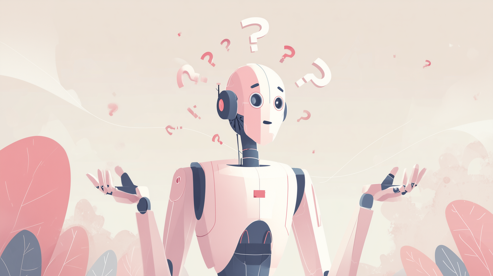 Illustration of a humanoid robot with question marks hovering above its head (Midjourney, 2025).