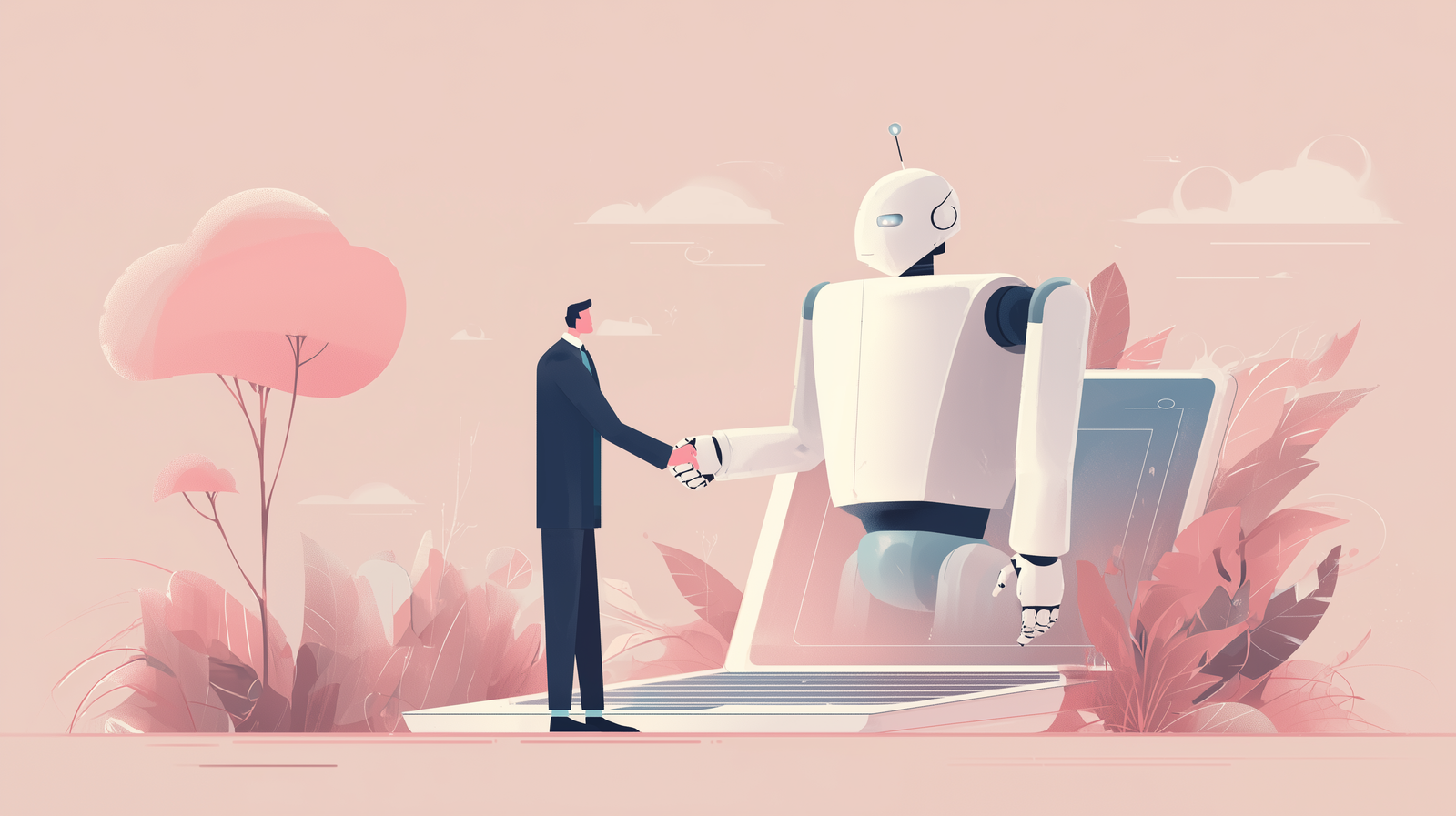 Illustration of person shaking hands with a humanoid robot coming out of a screen (Midjourney, 2025).