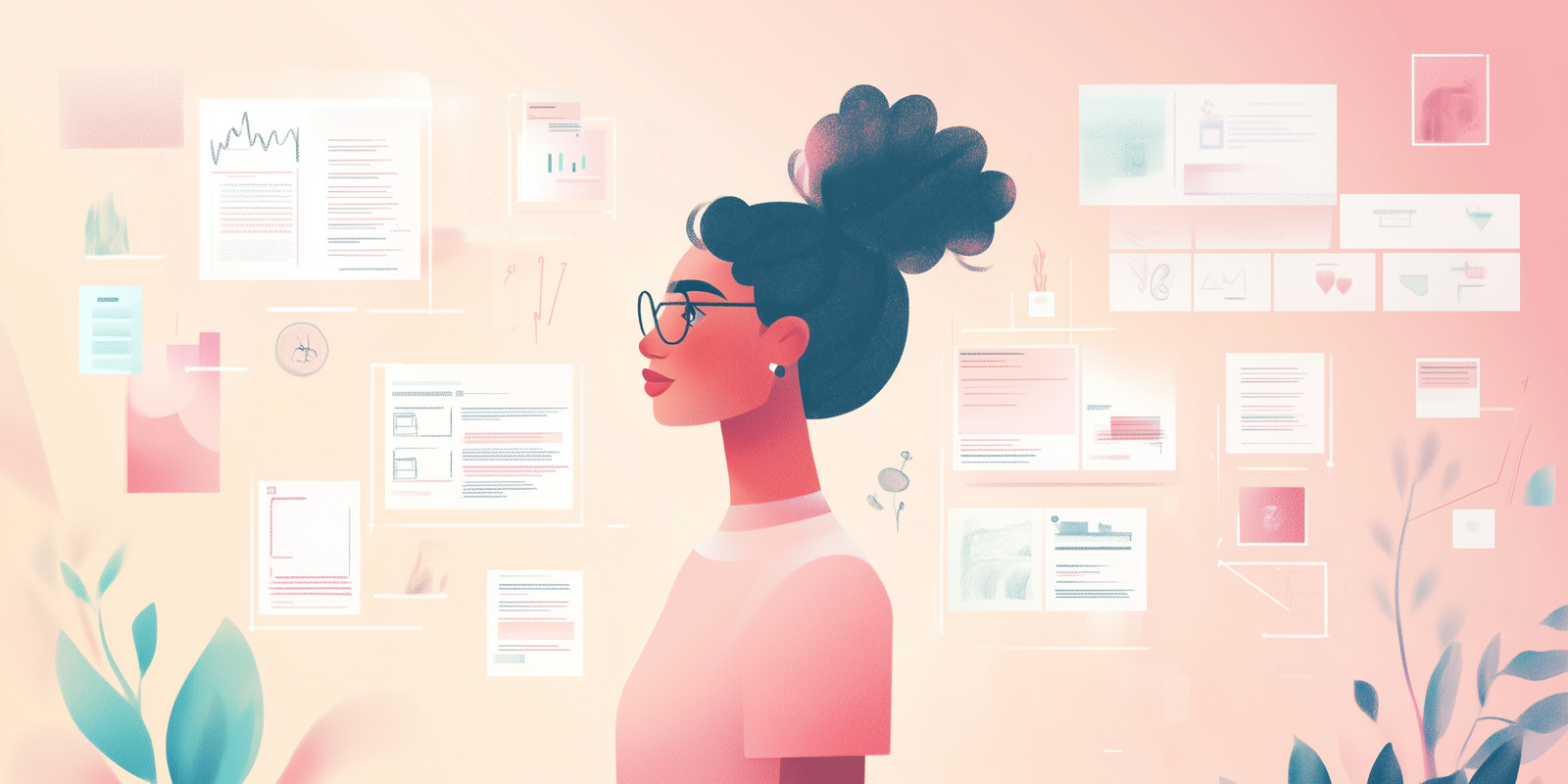 Illustration of a person standing in profile with several design screens around them (Midjourney, 2025).